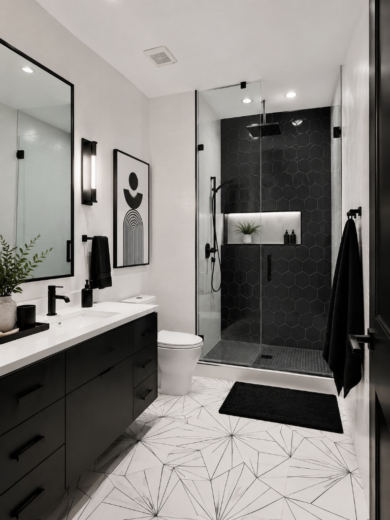 Modern Contrast - Black Hex Shower & Geometric Floors