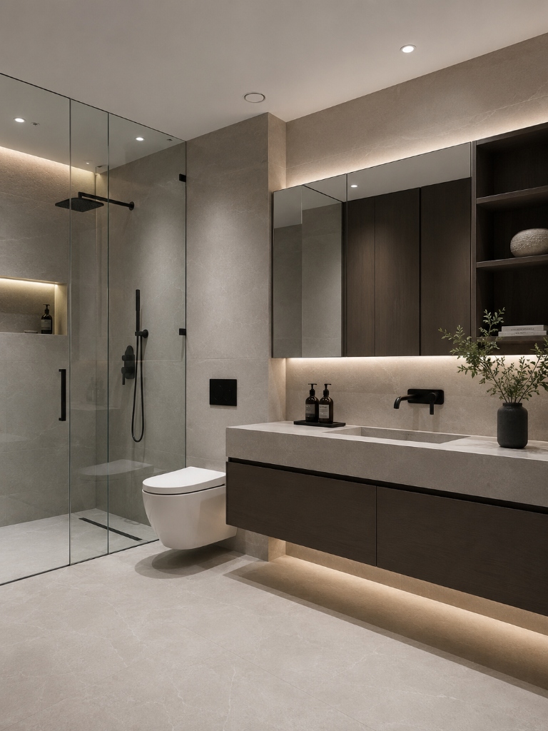Minimalist Spa - Floating Wood Vanity & Glass Shower