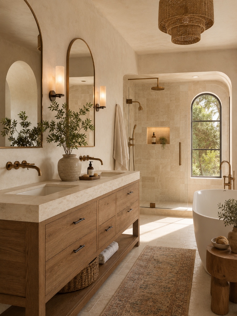 Warm Transitional - Freestanding Tub & Arched Mirrors