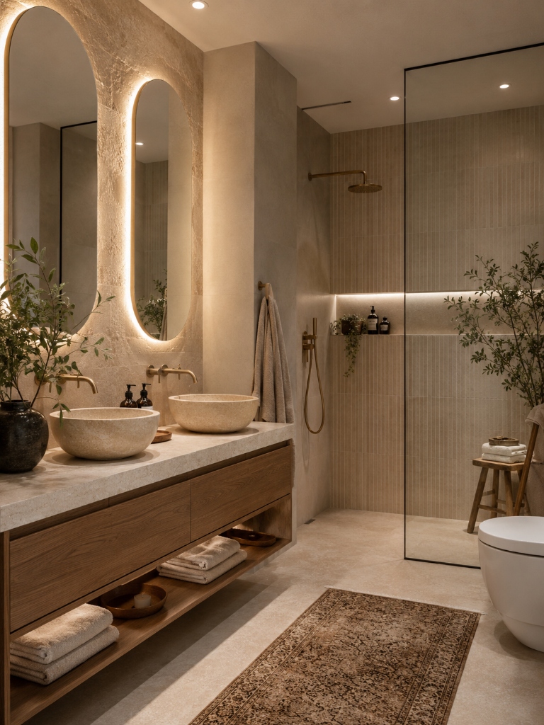 Earthy Modern - Travertine Vessel Sinks & Backlit Mirrors