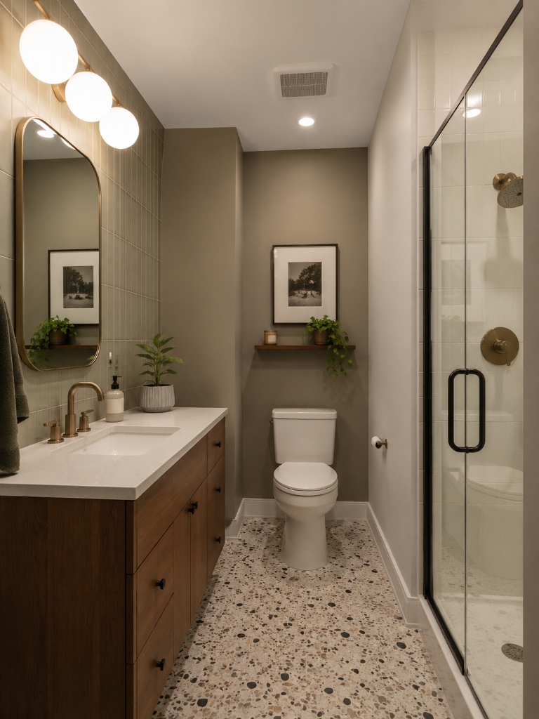 Olive & Terrazzo - Green vertical tile, gold fixtures, terrazzo floor