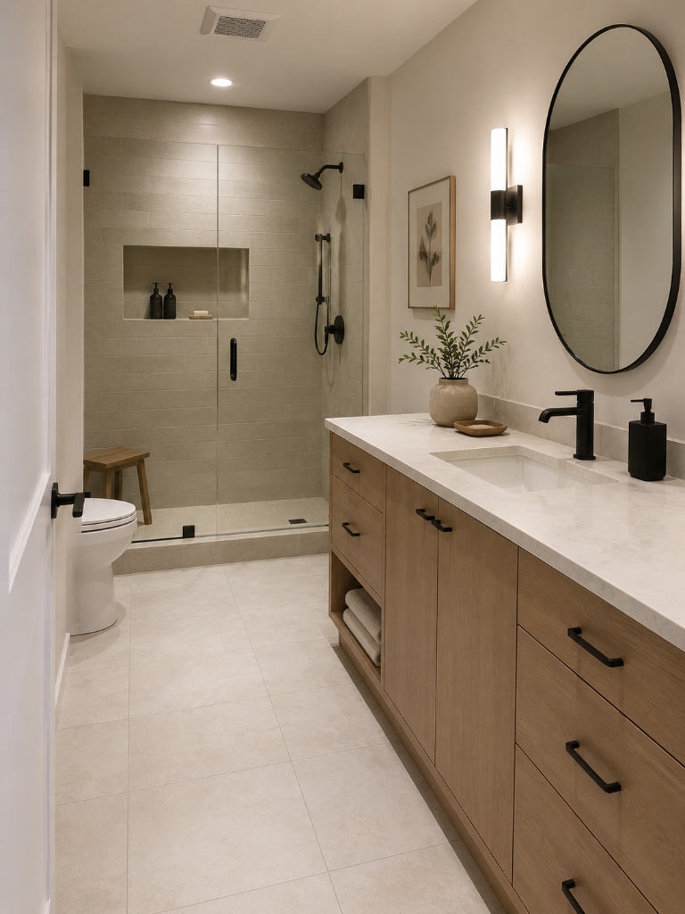 Beige & Black Accent - Single oak vanity, oval mirror, black fixtures