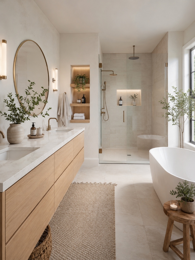 Luxury Spa Retreat - Double wood vanity, freestanding tub, walk-in shower